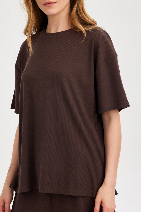 Dark Brown Ribbed Short-Sleeve Top