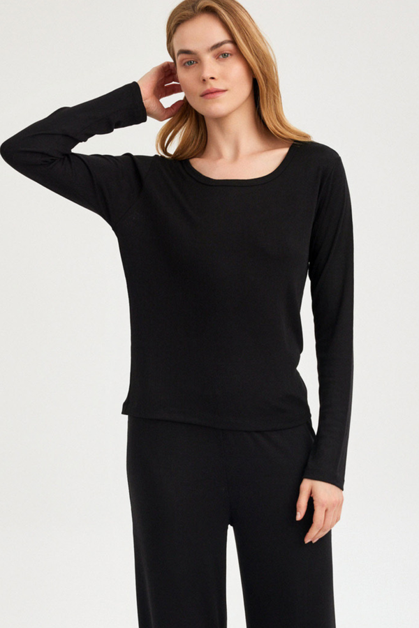 Black Pointelle Long-Sleeve Top