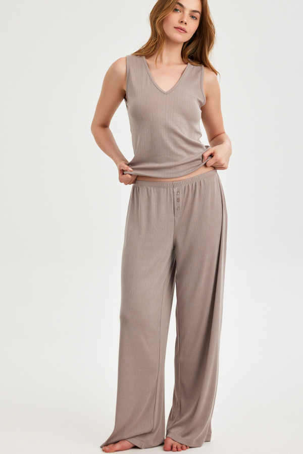Mocha Pointelle Wide-Leg Trousers