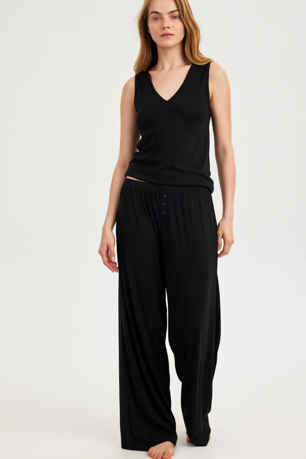Black Pointelle V-Neck Tank Top