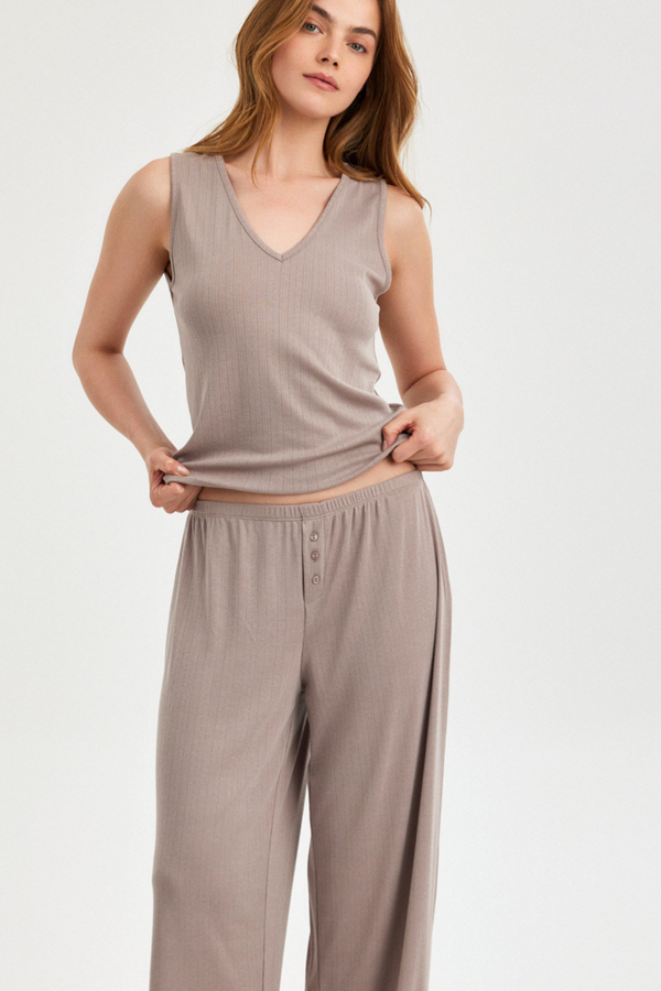 Mocha Pointelle V-Neck Tank Top