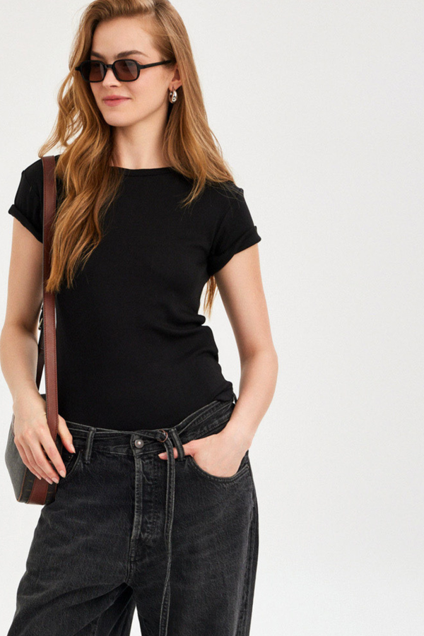 Black Pointelle Short-Sleeve Top