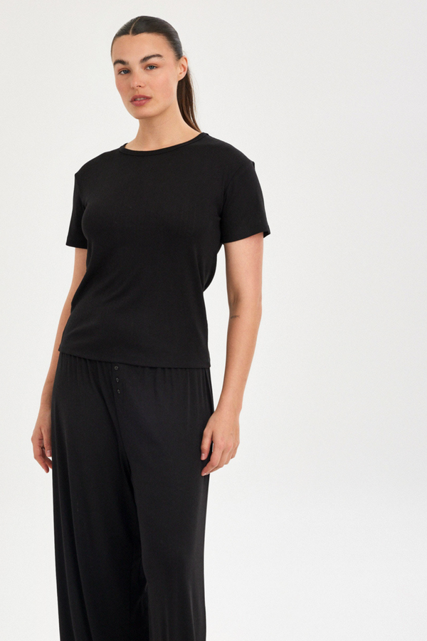 Black Pointelle Short-Sleeve Top