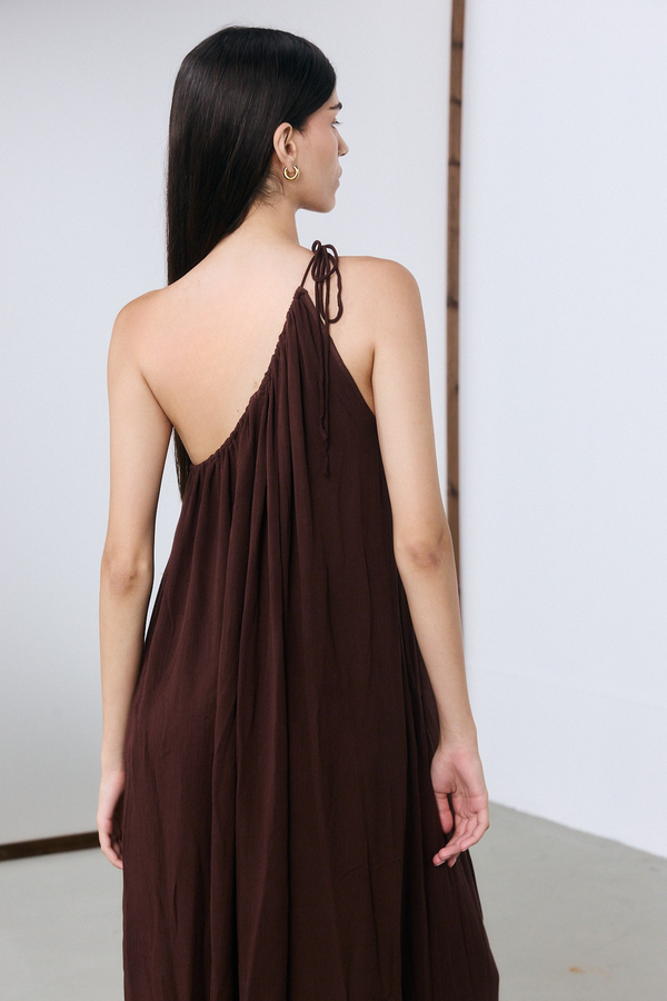 Marrakech One Shoulder Tie Maxi Dress - Brown