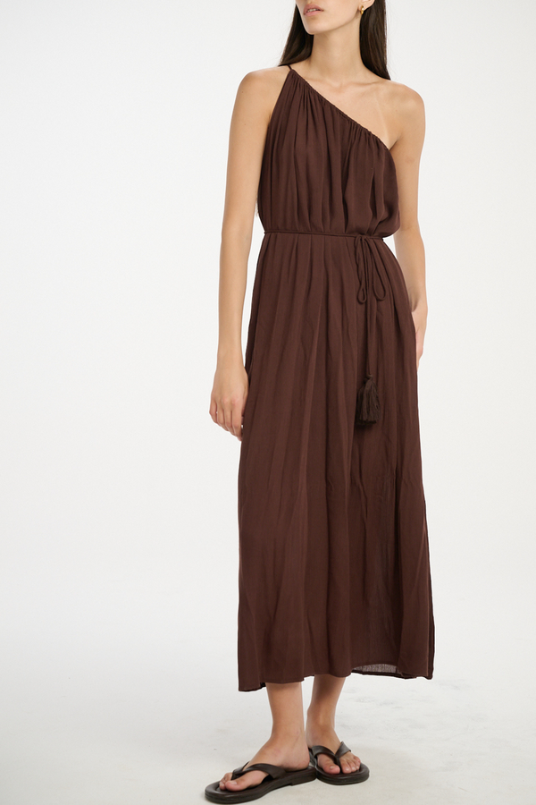 Marrakech One Shoulder Tie Maxi Dress - Brown