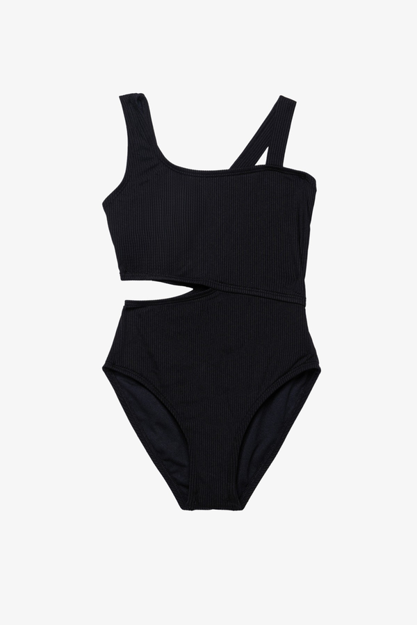 Girls Black Ribbed One-Shoulder Swimsuit