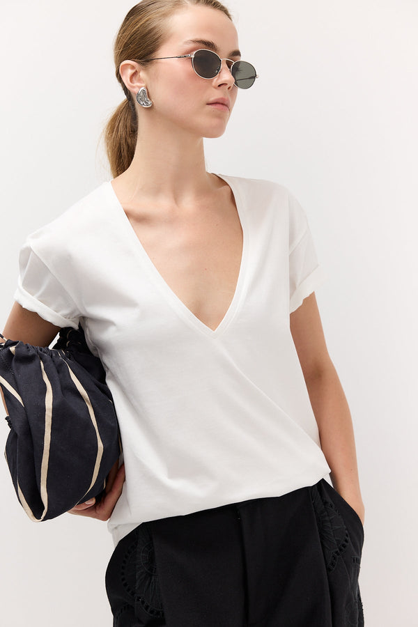 White Deep V-Neck T-Shirt