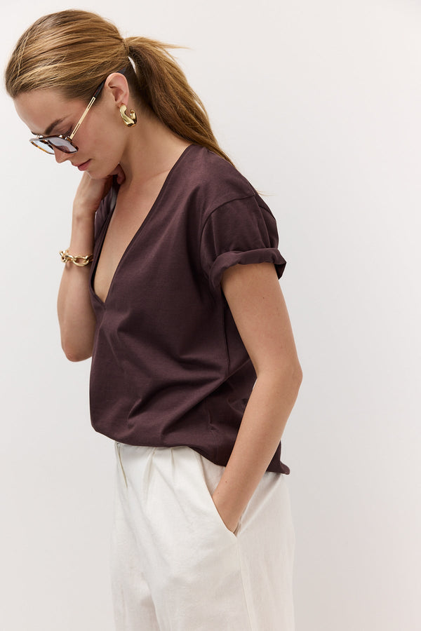 Brown Deep V-Neck T-Shirt