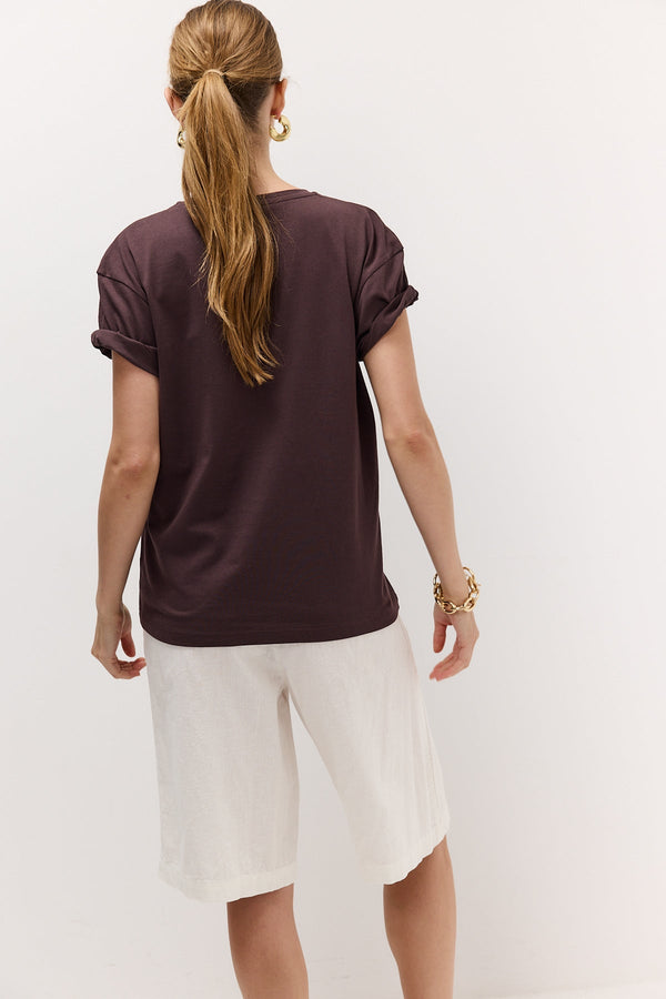 Brown Deep V-Neck T-Shirt