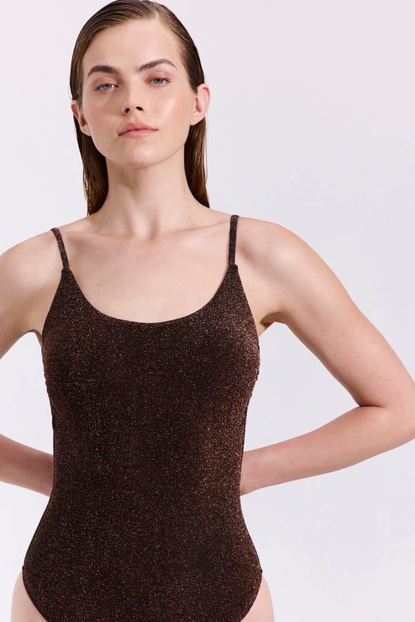Luna Textured Shimmer Scoop Neck One Piece - Brown