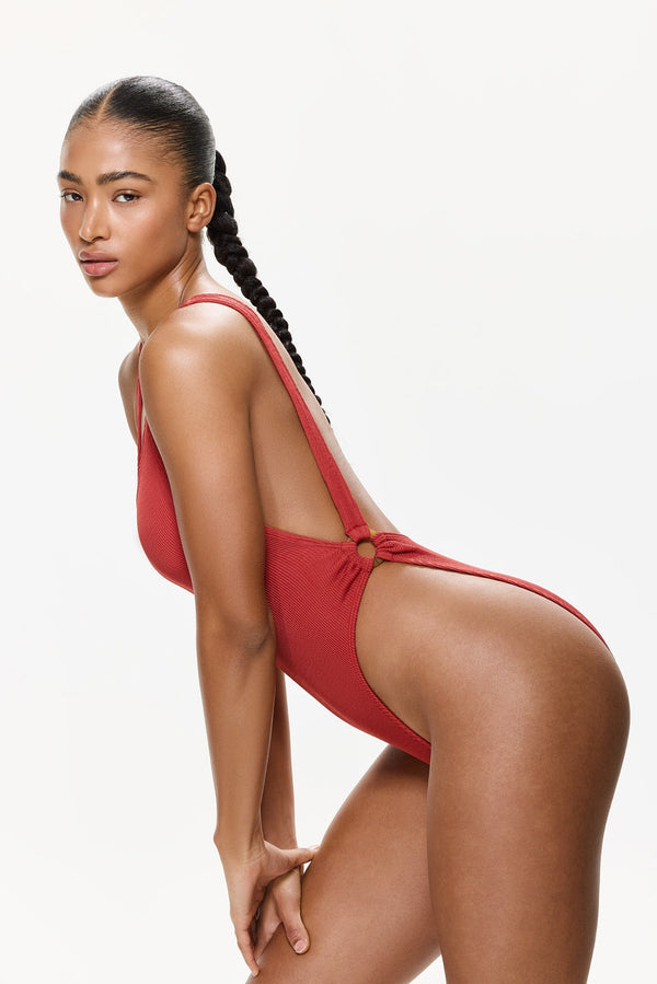 One Size High Leg Ring Detail One Piece- Red