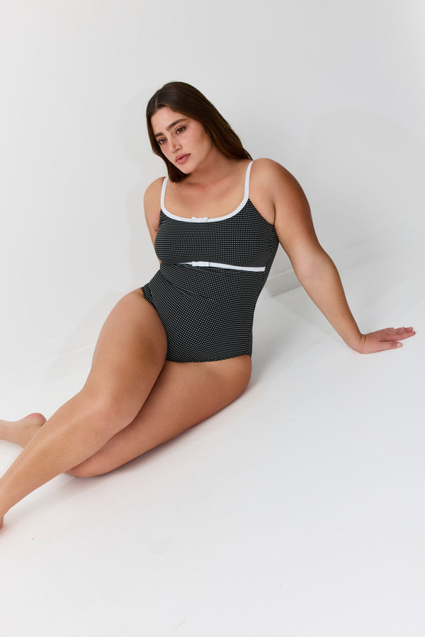 Turkiz Black & White Textured Dotted One-Piece Swimsuit