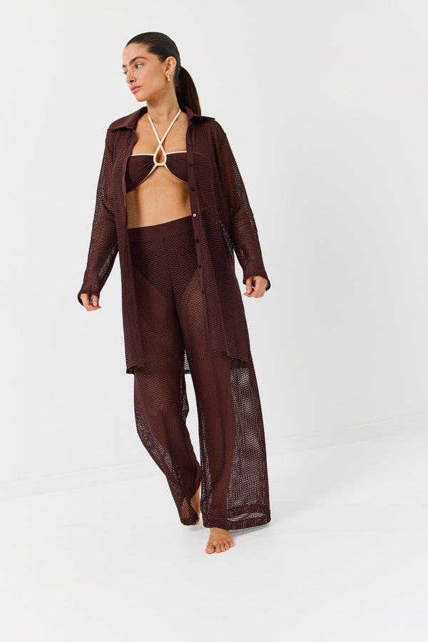 Turkiz Brown Crochet Button-Down Shirt