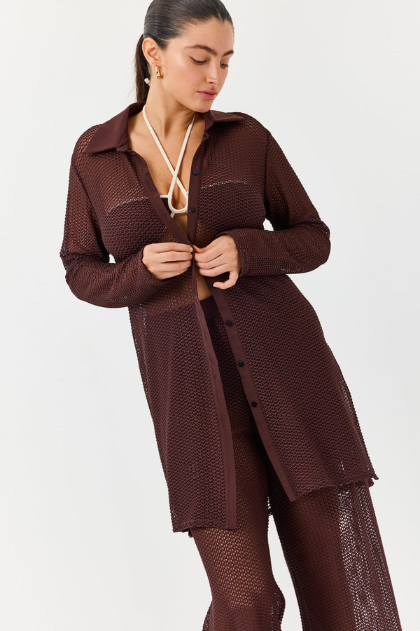 Turkiz Brown Crochet Button-Down Shirt