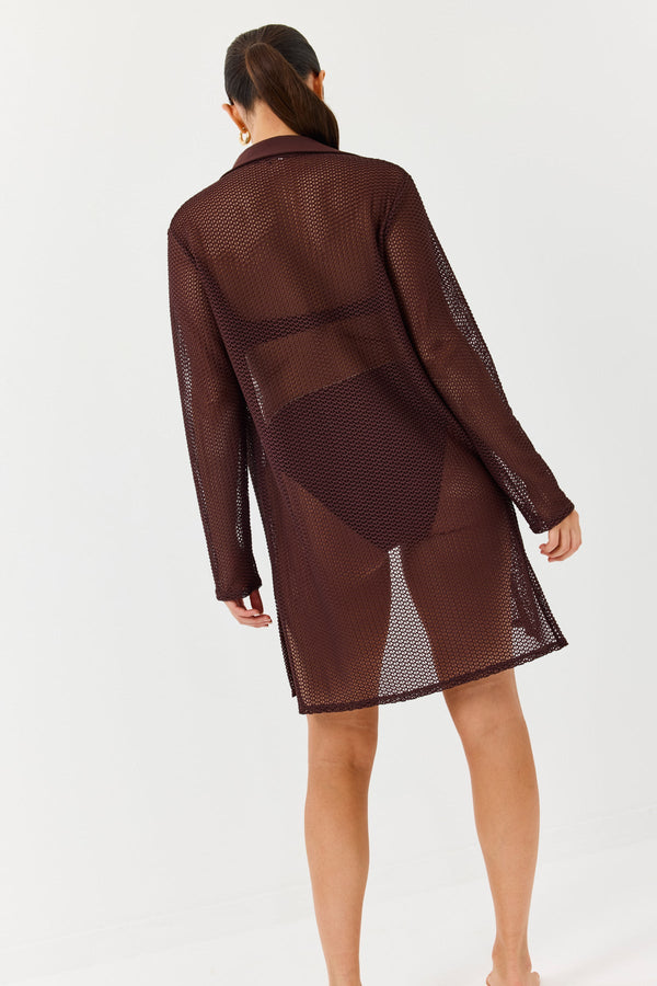 Turkiz Brown Crochet Button-Down Shirt