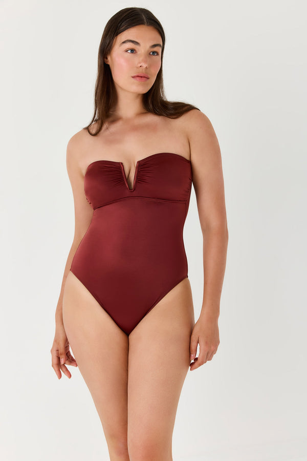 Turkiz Rust Brown Satin Bandeau One-Piece Swimsuit