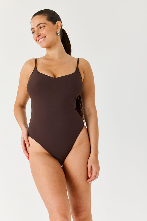 Turkiz Brown V-Neck One-Piece Swimsuit with Thin Straps