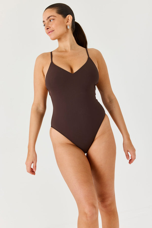 Turkiz Brown V-Neck One-Piece Swimsuit with Back Detail
