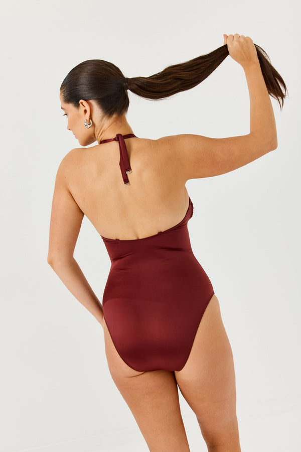 Turkiz Rust Brown Satin One-Piece Swimsuit