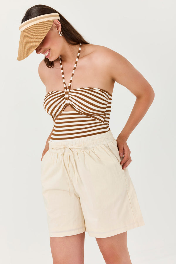 Turkiz Brown Textured Stripe Halter One-Piece Swimsuit
