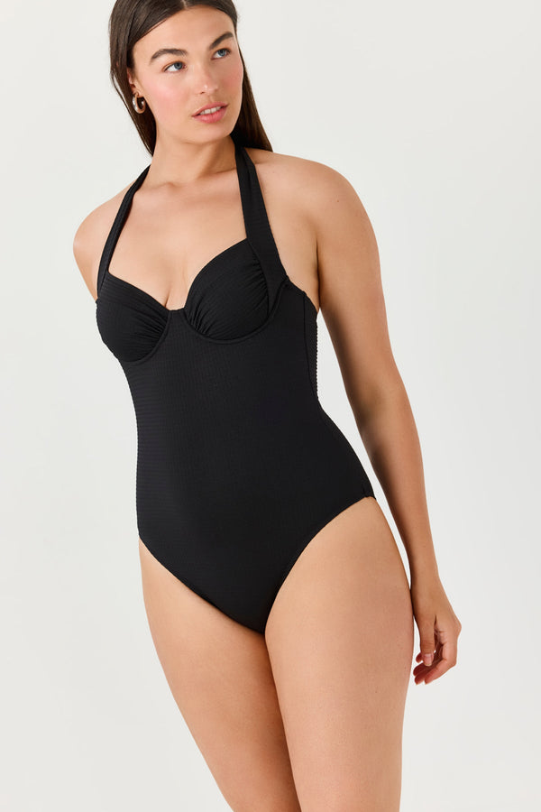 Turkiz Black  Polka Dot Halter One-Piece Swimsuit