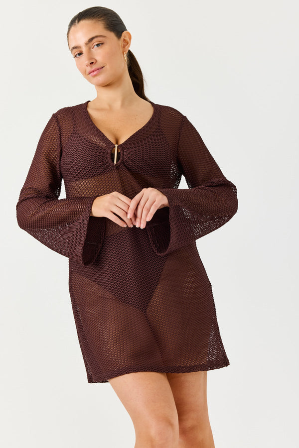 Turkiz Brown Mesh Beach Tunic with Gold Detail