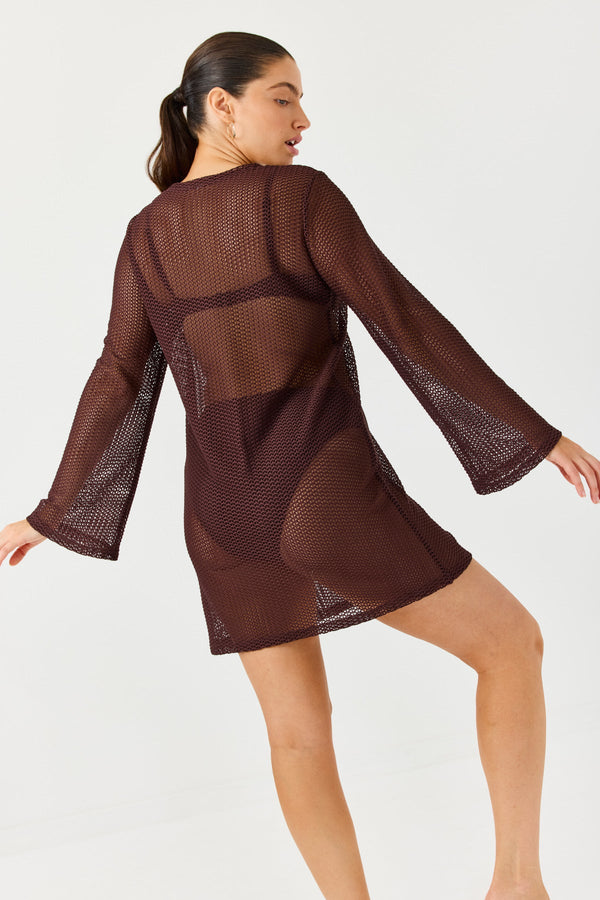 Turkiz Brown Mesh Beach Tunic with Gold Detail
