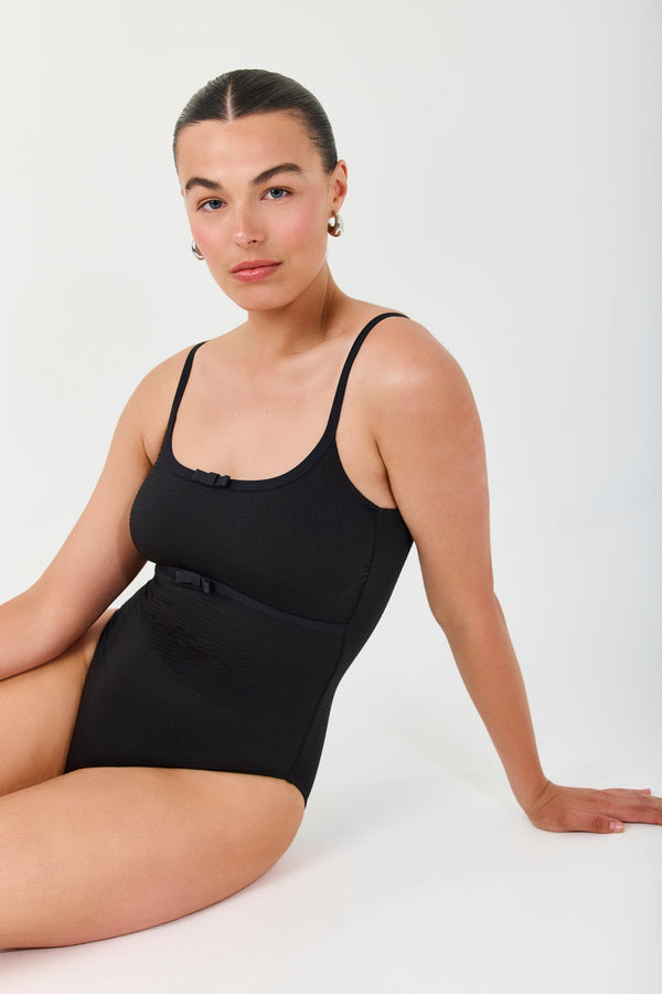 Turkiz Black Textured Dotted One-Piece Swimsuit